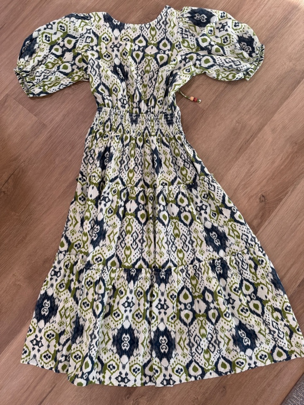 Ikat Print Maxi Dress with Smocked Waist in Olive & Navy